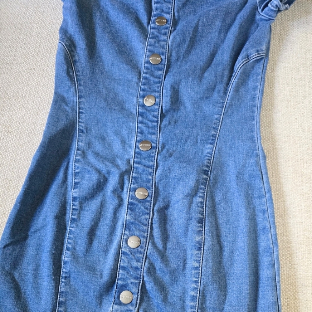 GUESS? Jeans Denim Off The Shoulder Mini Dress Y2K Stretch XS - Picture 4 of 7